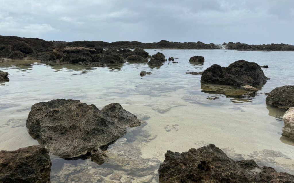 Volcanic rocks jutting out of calm sea waters under a cloudy sky, with a hint of greenery on the shore.