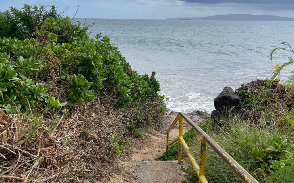 A secluded beach access point with a worn yellow railing leading down to a rocky shoreline surrounded by lush green foliage.